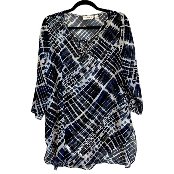 Susan Graver Tops - Susan Graver sheer navy and white tunic beaded neck three fourths sleeve size 14